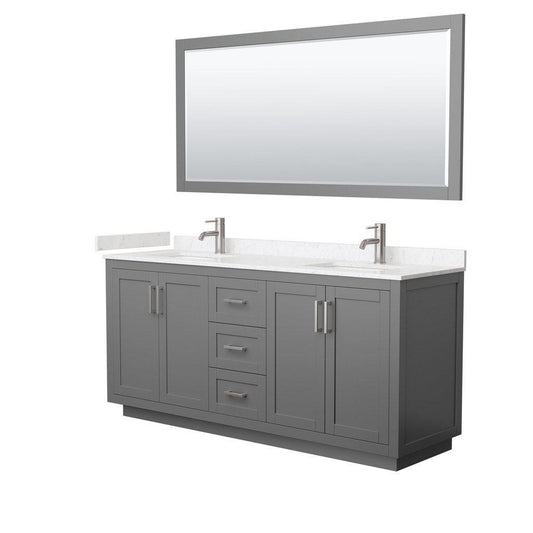 Wyndham Collection Miranda 72" Double Bathroom Dark Gray Vanity Set With Light-Vein Carrara Cultured Marble Countertop, Undermount Square Sink, 70" Mirror And Brushed Nickel Trim