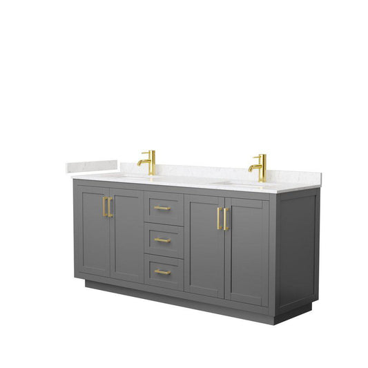 Wyndham Collection Miranda 72" Double Bathroom Dark Gray Vanity Set With Light-Vein Carrara Cultured Marble Countertop, Undermount Square Sink, And Brushed Gold Trim