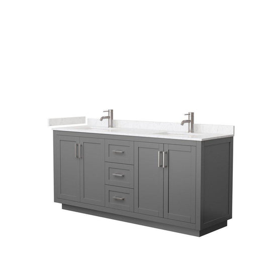 Wyndham Collection Miranda 72" Double Bathroom Dark Gray Vanity Set With Light-Vein Carrara Cultured Marble Countertop, Undermount Square Sink, And Brushed Nickel Trim