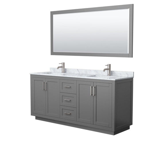 Wyndham Collection Miranda 72" Double Bathroom Dark Gray Vanity Set With White Carrara Marble Countertop, Undermount Square Sink, 70" Mirror And Brushed Nickel Trim