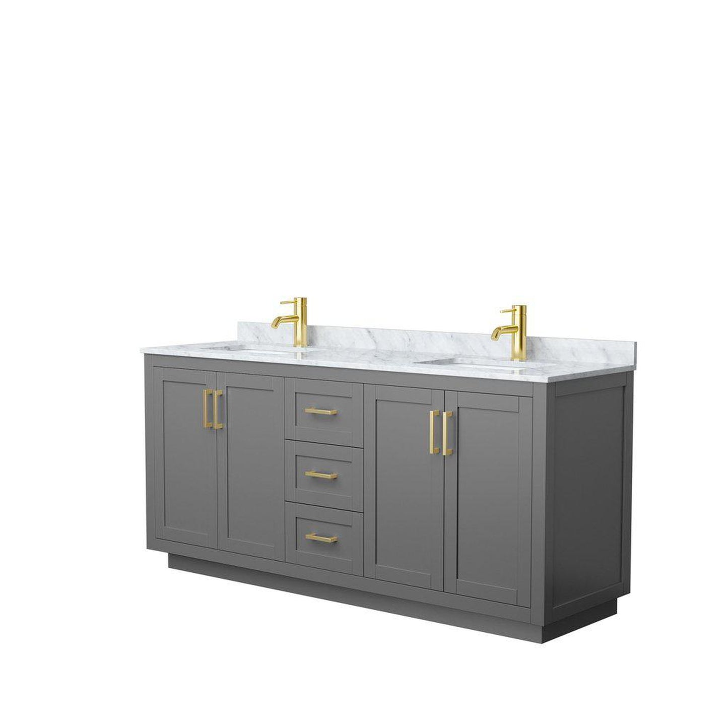 Wyndham Collection Miranda 72" Double Bathroom Dark Gray Vanity Set With White Carrara Marble Countertop, Undermount Square Sink, And Brushed Gold Trim