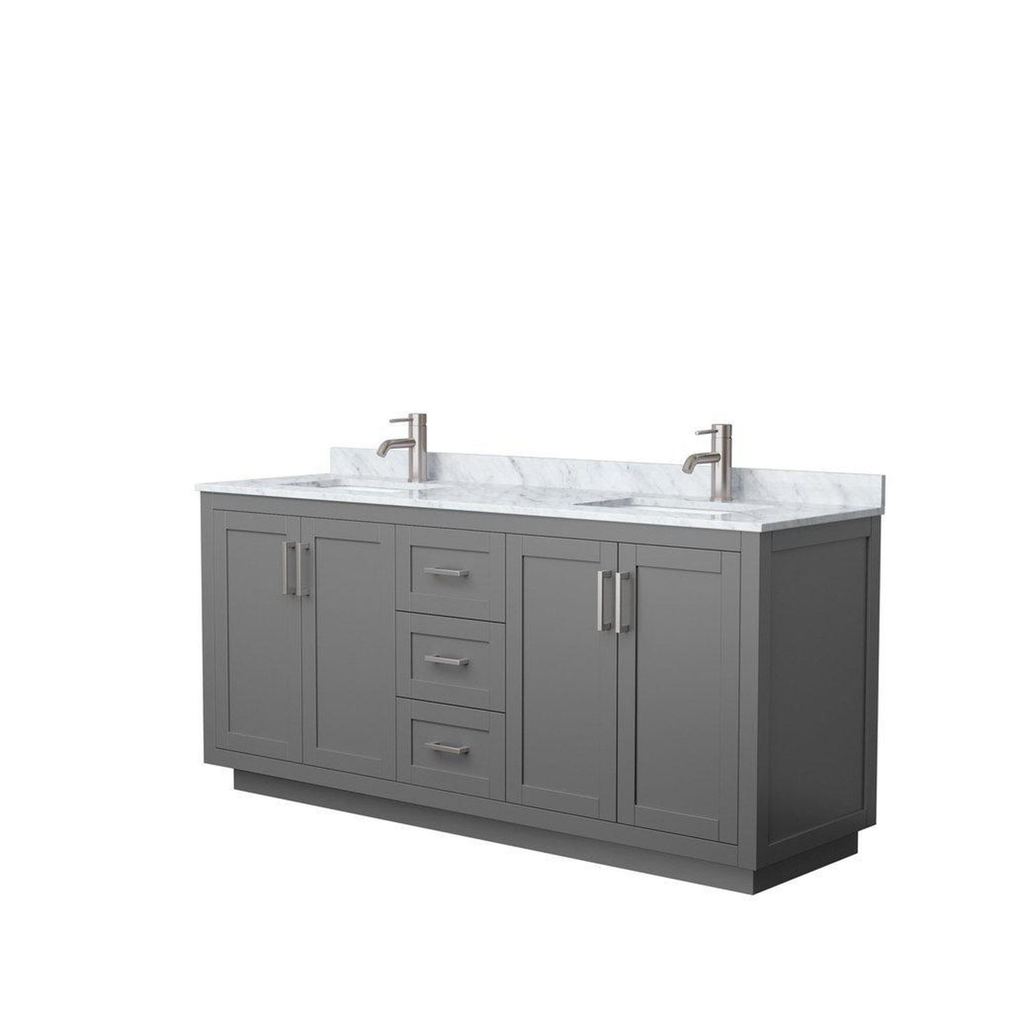 Wyndham Collection Miranda 72" Double Bathroom Dark Gray Vanity Set With White Carrara Marble Countertop, Undermount Square Sink, And Brushed Nickel Trim