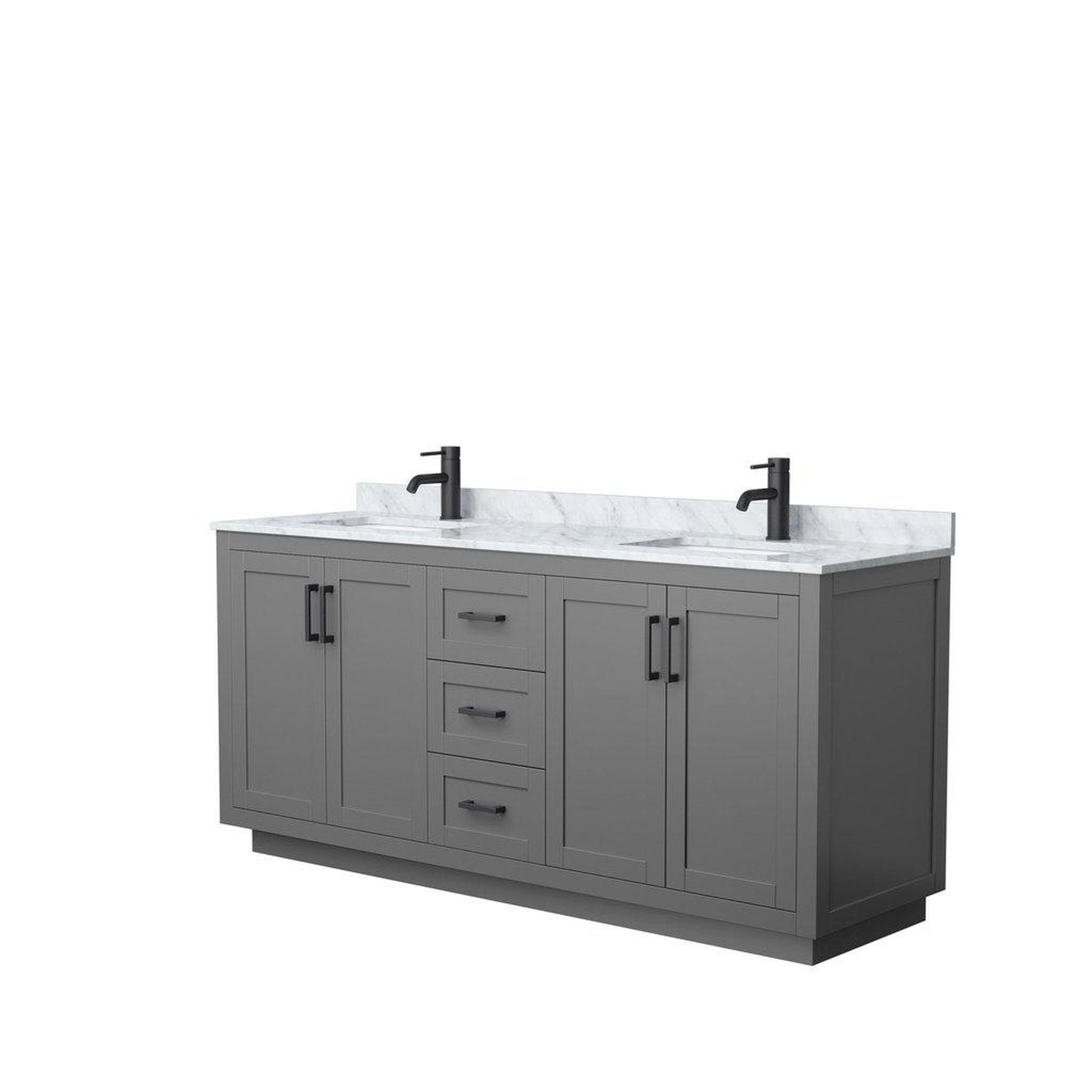 Wyndham Collection Miranda 72" Double Bathroom Dark Gray Vanity Set With White Carrara Marble Countertop, Undermount Square Sink, And Matte Black Trim