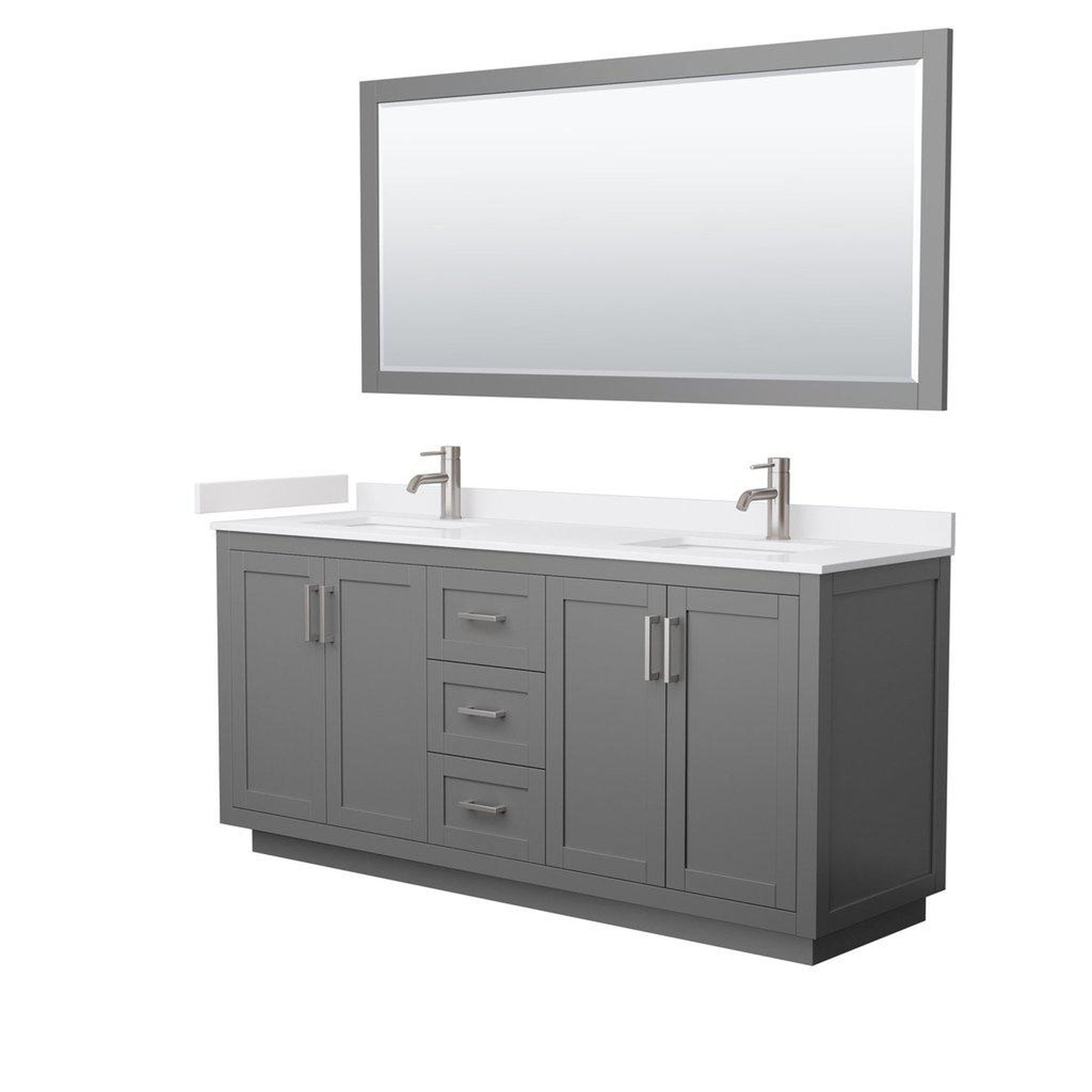 Wyndham Collection Miranda 72" Double Bathroom Dark Gray Vanity Set With White Cultured Marble Countertop, Undermount Square Sink, 70" Mirror And Brushed Nickel Trim