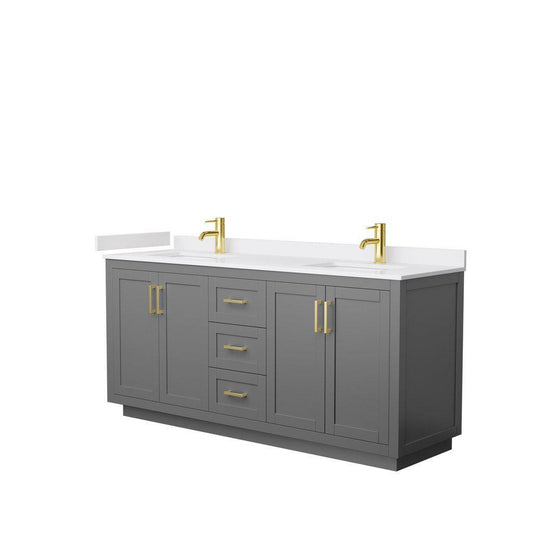 Wyndham Collection Miranda 72" Double Bathroom Dark Gray Vanity Set With White Cultured Marble Countertop, Undermount Square Sink, And Brushed Gold Trim