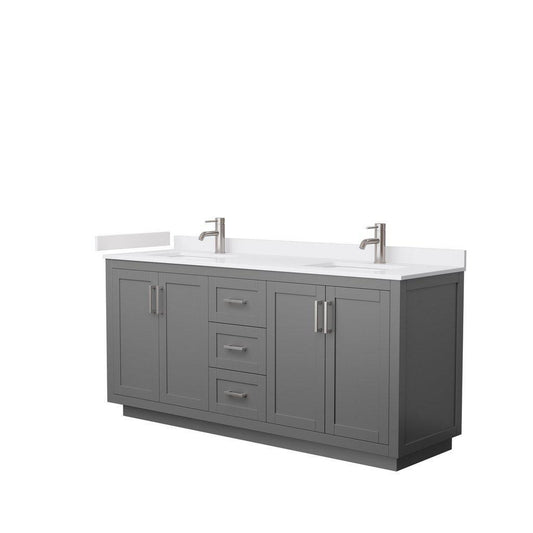 Wyndham Collection Miranda 72" Double Bathroom Dark Gray Vanity Set With White Cultured Marble Countertop, Undermount Square Sink, And Brushed Nickel Trim