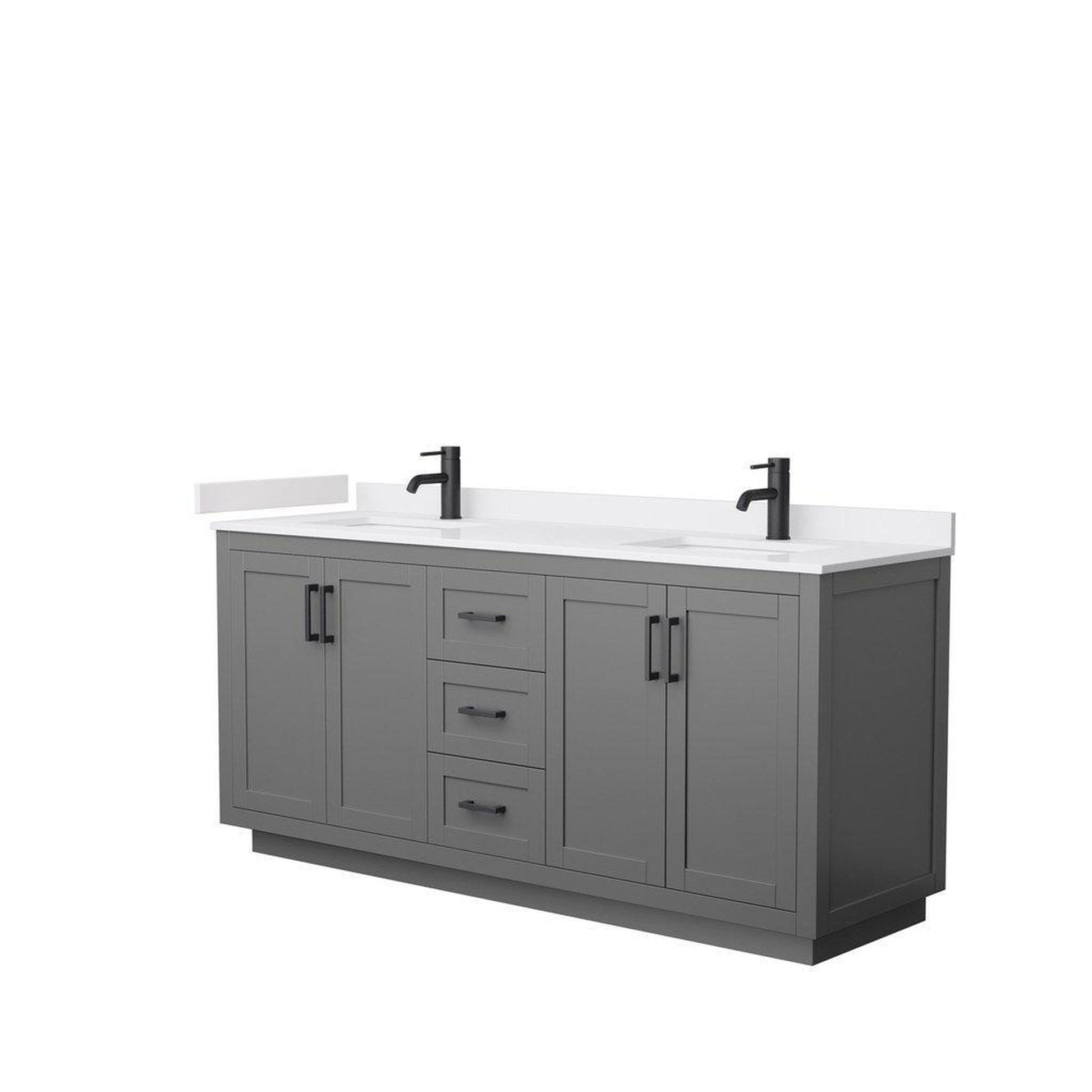 Wyndham Collection Miranda 72" Double Bathroom Dark Gray Vanity Set With White Cultured Marble Countertop, Undermount Square Sink, And Matte Black Trim