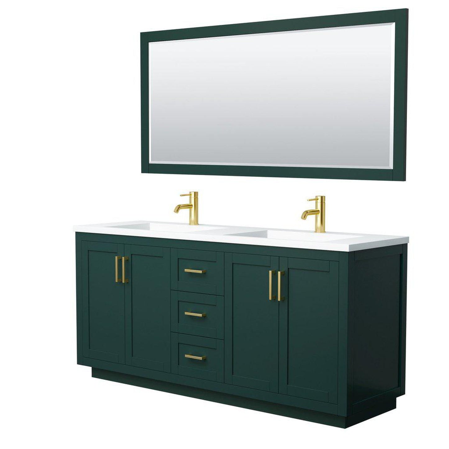 Wyndham Collection Miranda 72" Double Bathroom Green Vanity Set With 1.25" Thick Matte White Solid Surface Countertop, Integrated Sink, 70" Mirror And Brushed Gold Trim