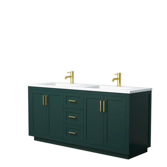 Wyndham Collection Miranda 72" Double Bathroom Green Vanity Set With 1.25" Thick Matte White Solid Surface Countertop, Integrated Sink, And Brushed Gold Trim