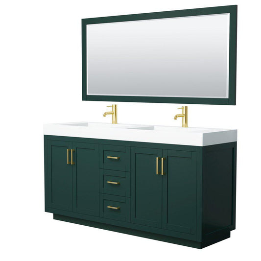 Wyndham Collection Miranda 72" Double Bathroom Green Vanity Set With 4" Thick Matte White Solid Surface Countertop, Integrated Sink, 70" Mirror And Brushed Gold Trim