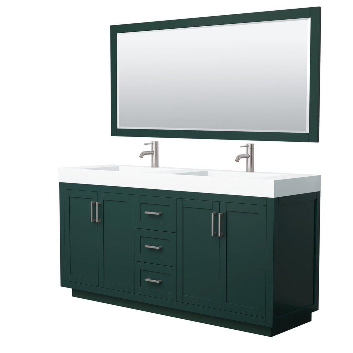 Wyndham Collection Miranda 72" Double Bathroom Green Vanity Set With 4" Thick Matte White Solid Surface Countertop, Integrated Sink, 70" Mirror And Brushed Nickel Trim