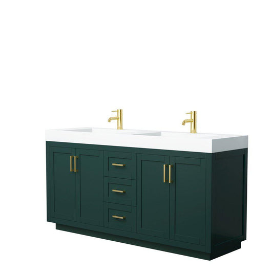 Wyndham Collection Miranda 72" Double Bathroom Green Vanity Set With 4" Thick Matte White Solid Surface Countertop, Integrated Sink, And Brushed Gold Trim