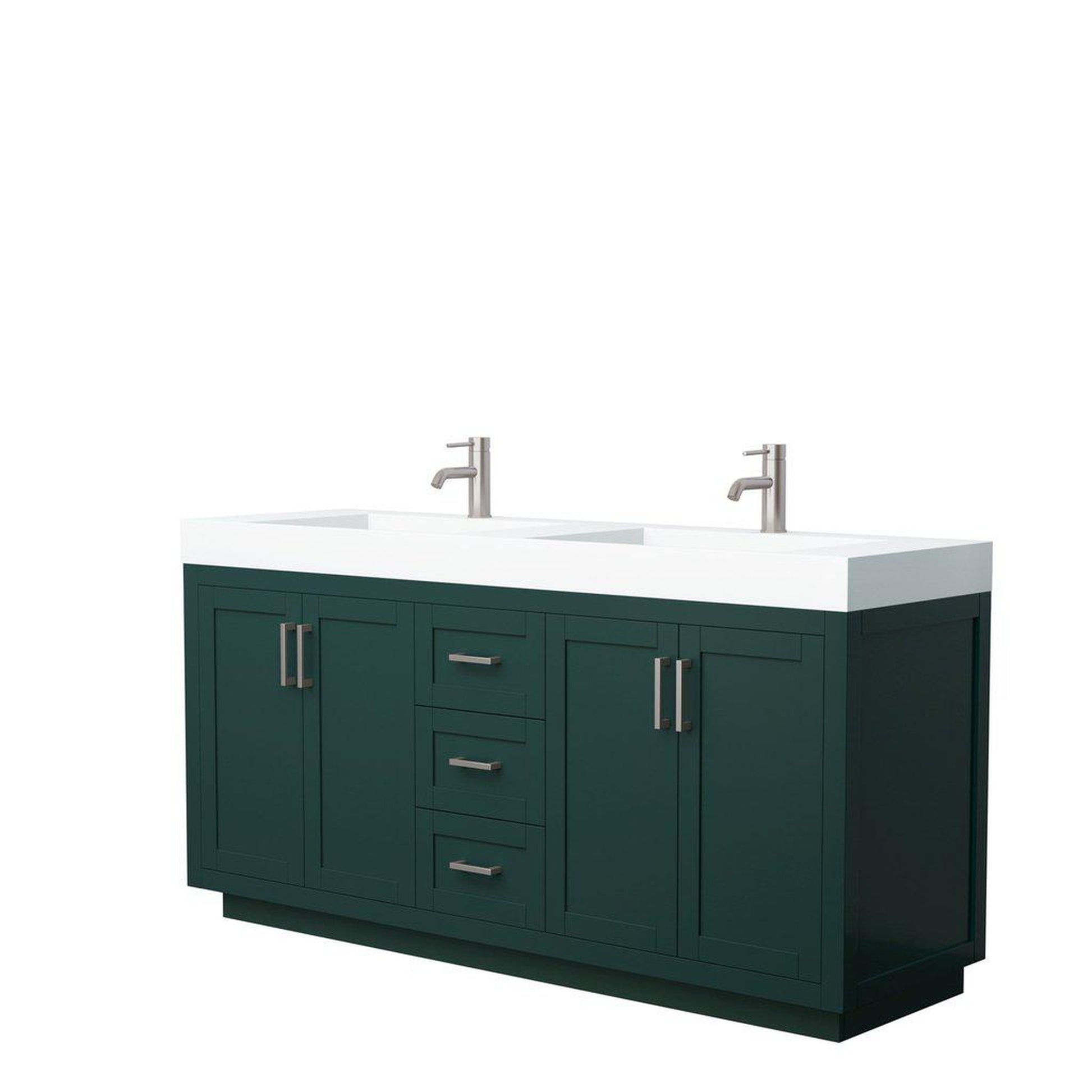 Wyndham Collection Miranda 72" Double Bathroom Green Vanity Set With 4" Thick Matte White Solid Surface Countertop, Integrated Sink, And Brushed Nickel Trim