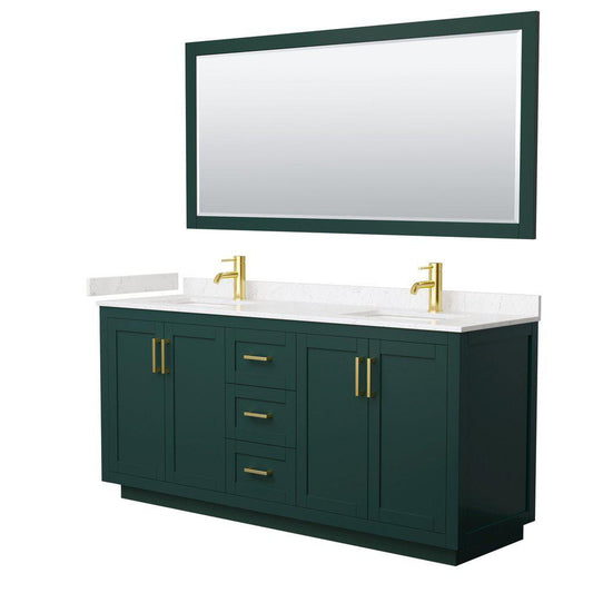 Wyndham Collection Miranda 72" Double Bathroom Green Vanity Set With Light-Vein Carrara Cultured Marble Countertop, Undermount Square Sink, 70" Mirror And Brushed Gold Trim