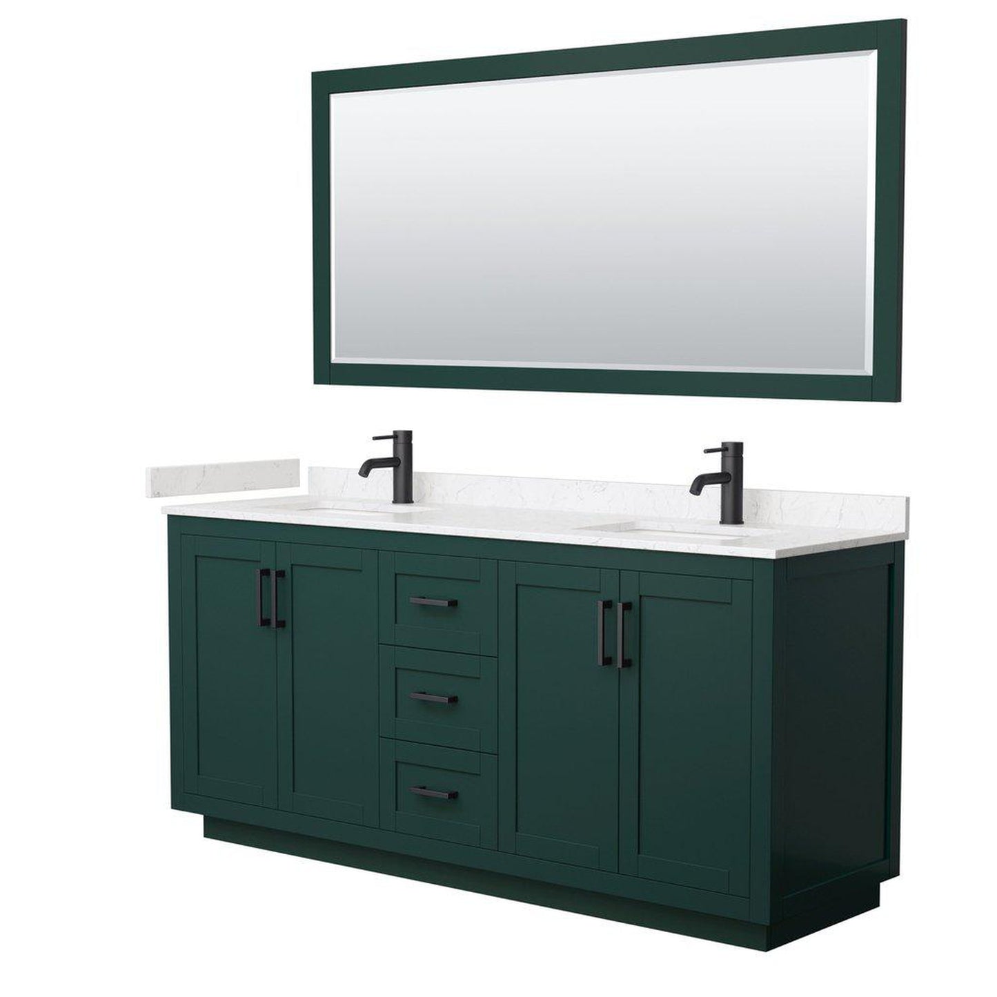 Wyndham Collection Miranda 72" Double Bathroom Green Vanity Set With Light-Vein Carrara Cultured Marble Countertop, Undermount Square Sink, 70" Mirror And Matte Black Trim