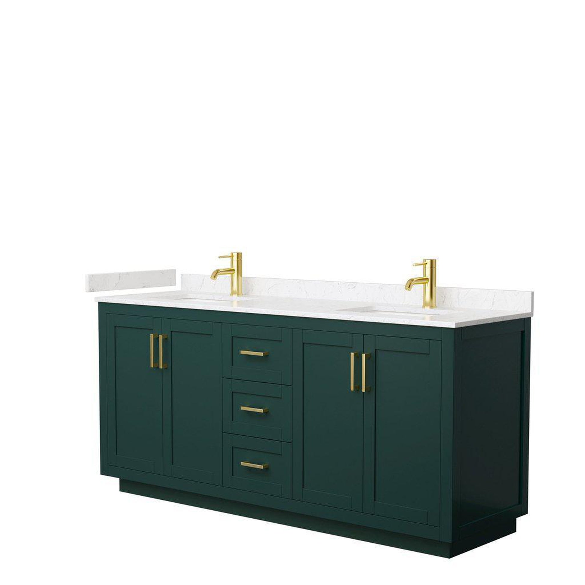 Wyndham Collection Miranda 72" Double Bathroom Green Vanity Set With Light-Vein Carrara Cultured Marble Countertop, Undermount Square Sink, And Brushed Gold Trim