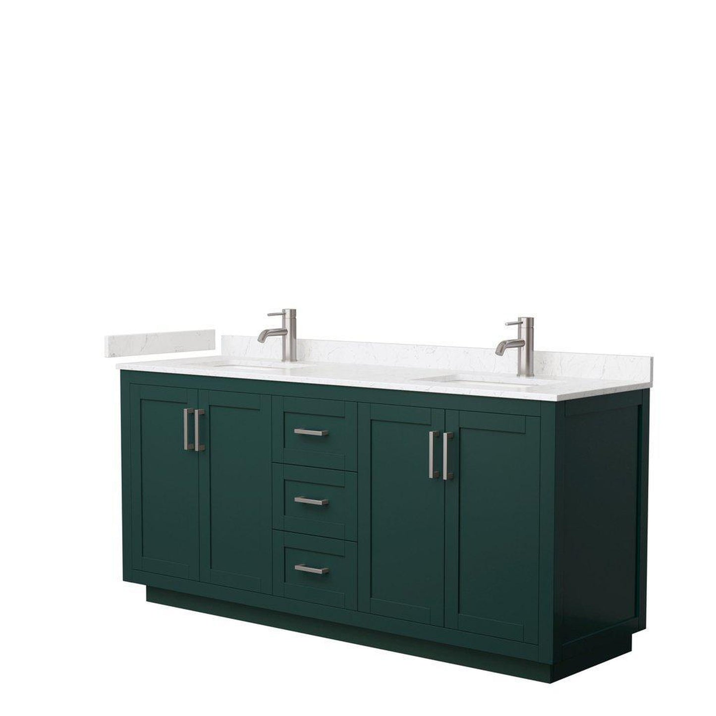 Wyndham Collection Miranda 72" Double Bathroom Green Vanity Set With Light-Vein Carrara Cultured Marble Countertop, Undermount Square Sink, And Brushed Nickel Trim