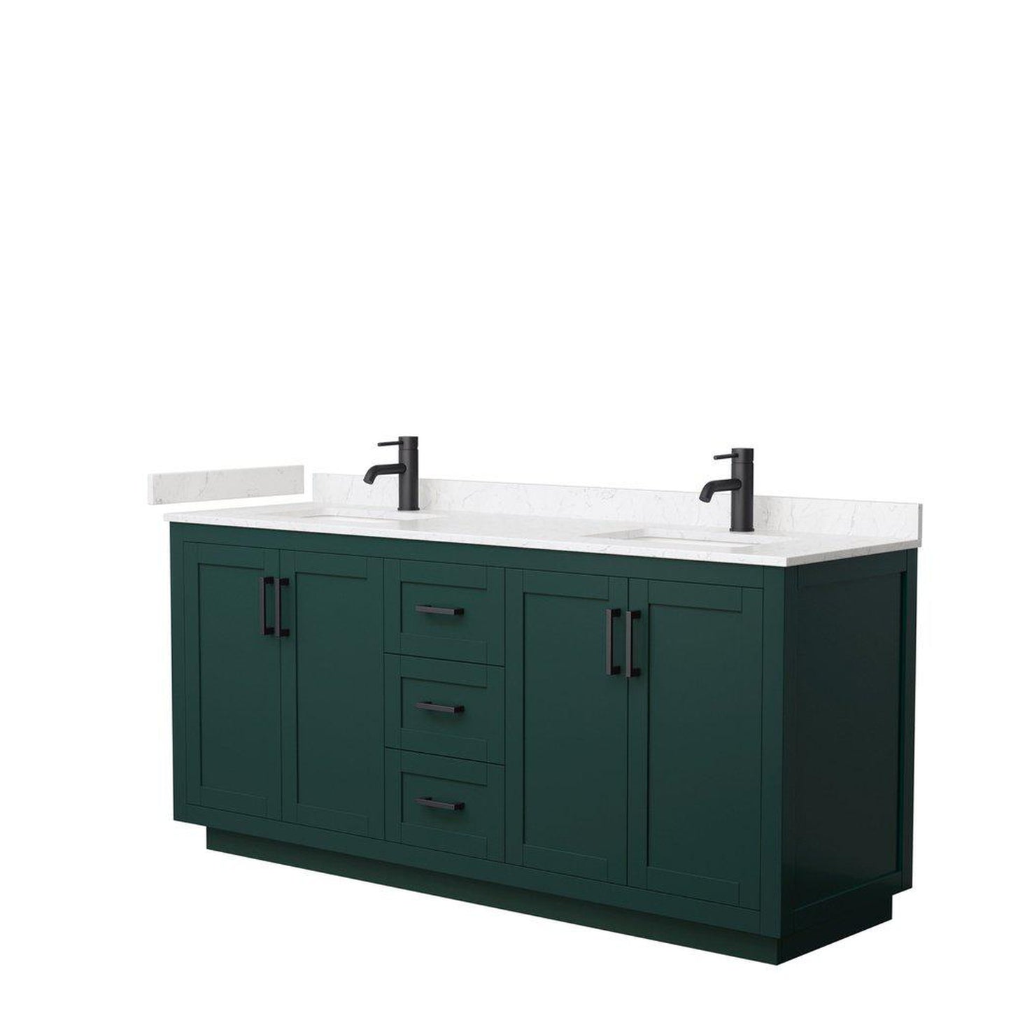 Wyndham Collection Miranda 72" Double Bathroom Green Vanity Set With Light-Vein Carrara Cultured Marble Countertop, Undermount Square Sink, And Matte Black Trim