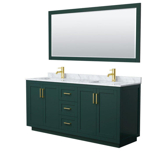 Wyndham Collection Miranda 72" Double Bathroom Green Vanity Set With White Carrara Marble Countertop, Undermount Square Sink, 70" Mirror And Brushed Gold Trim