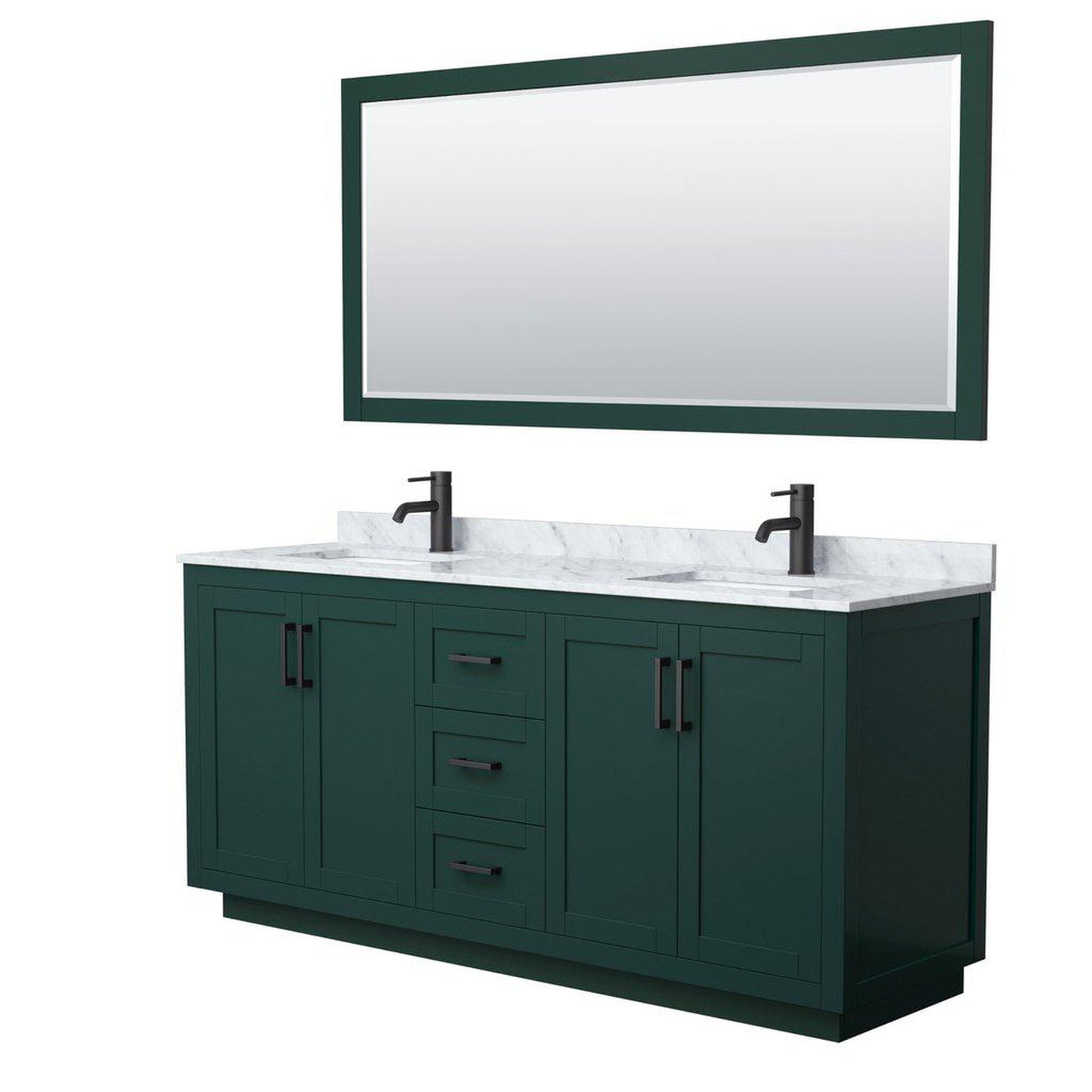 Wyndham Collection Miranda 72" Double Bathroom Green Vanity Set With White Carrara Marble Countertop, Undermount Square Sink, 70" Mirror And Matte Black Trim