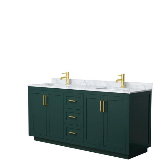 Wyndham Collection Miranda 72" Double Bathroom Green Vanity Set With White Carrara Marble Countertop, Undermount Square Sink, And Brushed Gold Trim