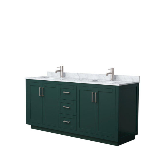 Wyndham Collection Miranda 72" Double Bathroom Green Vanity Set With White Carrara Marble Countertop, Undermount Square Sink, And Brushed Nickel Trim