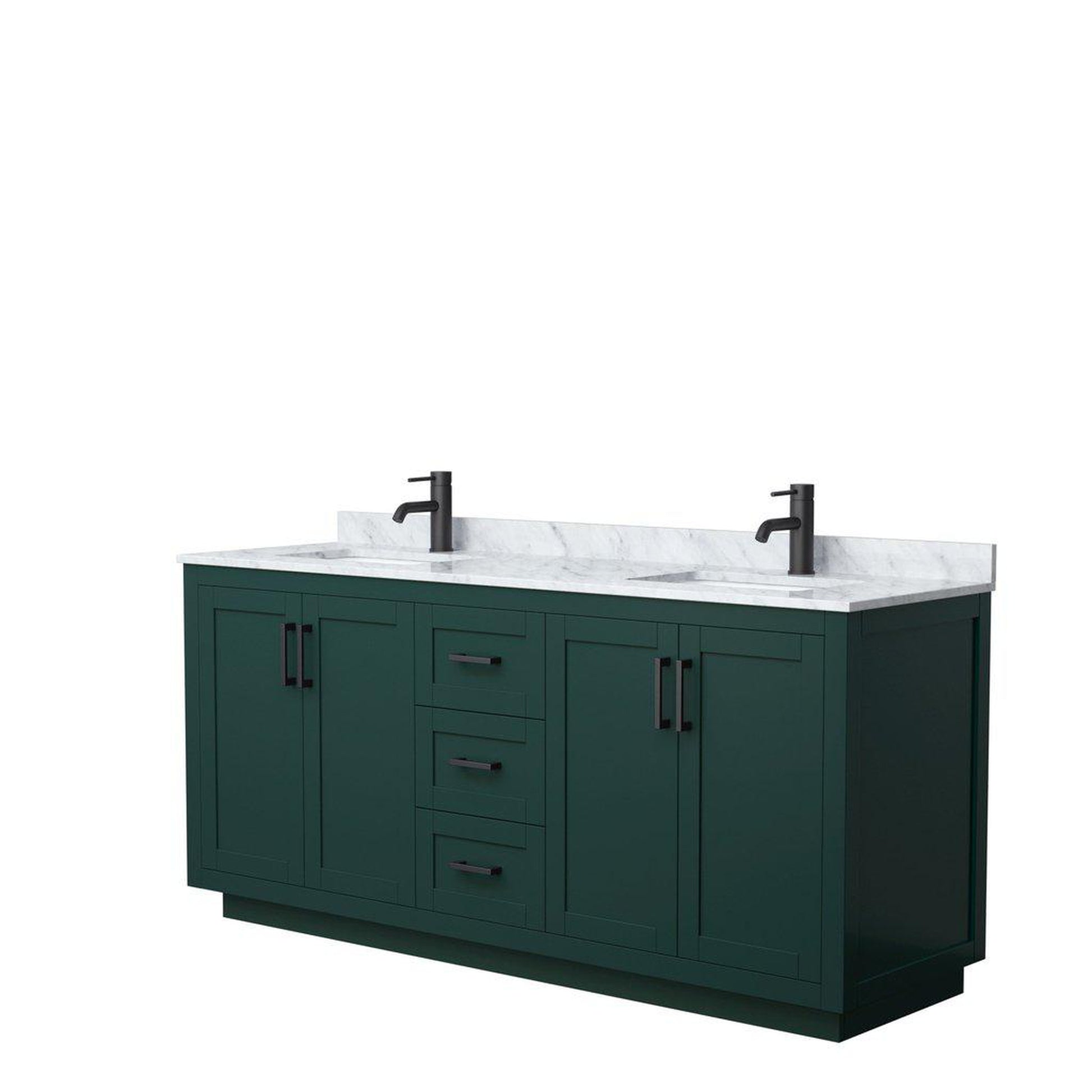 Wyndham Collection Miranda 72" Double Bathroom Green Vanity Set With White Carrara Marble Countertop, Undermount Square Sink, And Matte Black Trim