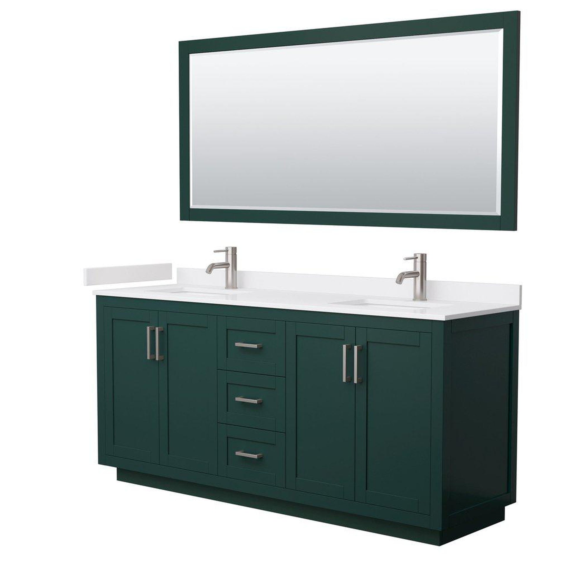 Wyndham Collection Miranda 72" Double Bathroom Green Vanity Set With White Cultured Marble Countertop, Undermount Square Sink, 70" Mirror And Brushed Nickel Trim