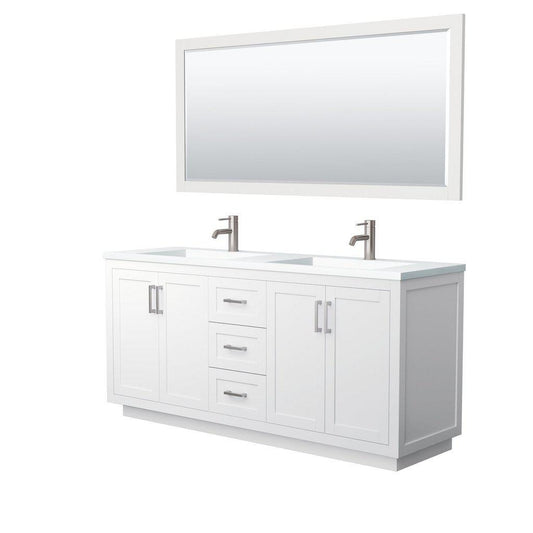 Wyndham Collection Miranda 72" Double Bathroom White Vanity Set With 1.25" Thick Matte White Solid Surface Countertop, Integrated Sink, 70" Mirror And Brushed Nickel Trim