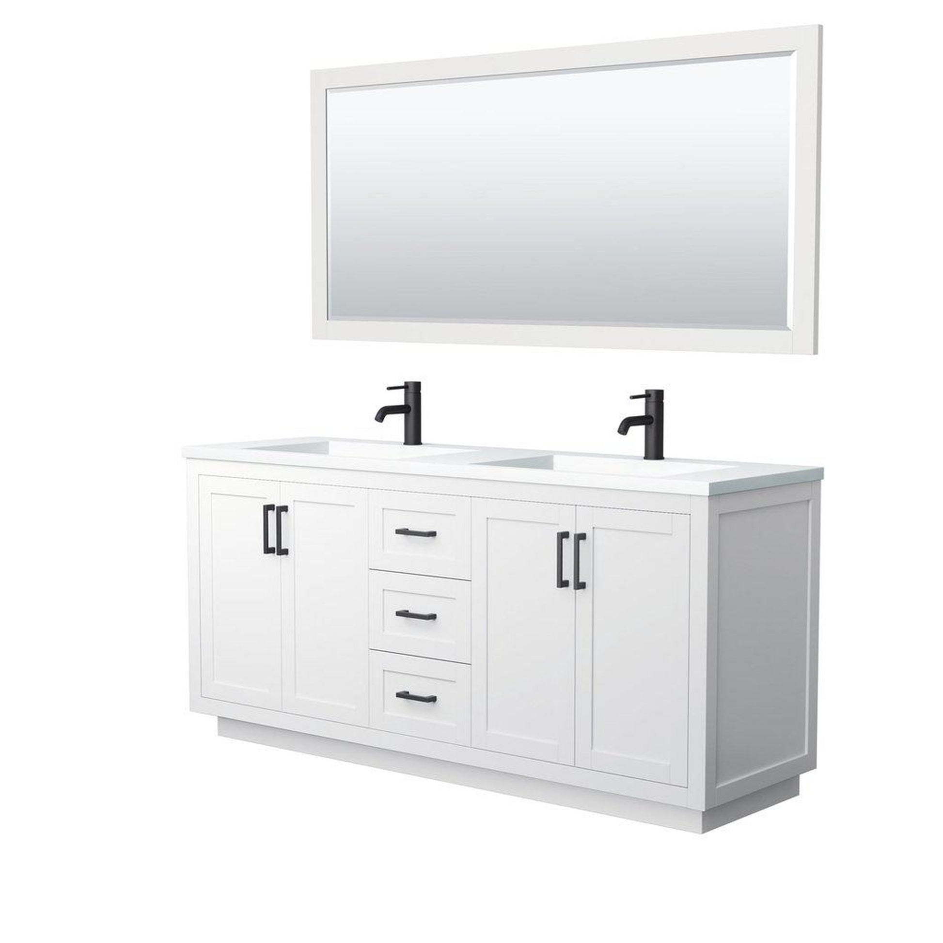 Wyndham Collection Miranda 72" Double Bathroom White Vanity Set With 1.25" Thick Matte White Solid Surface Countertop, Integrated Sink, 70" Mirror And Matte Black Trim