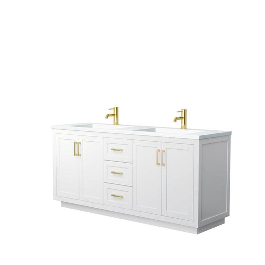 Wyndham Collection Miranda 72" Double Bathroom White Vanity Set With 1.25" Thick Matte White Solid Surface Countertop, Integrated Sink, And Brushed Gold Trim
