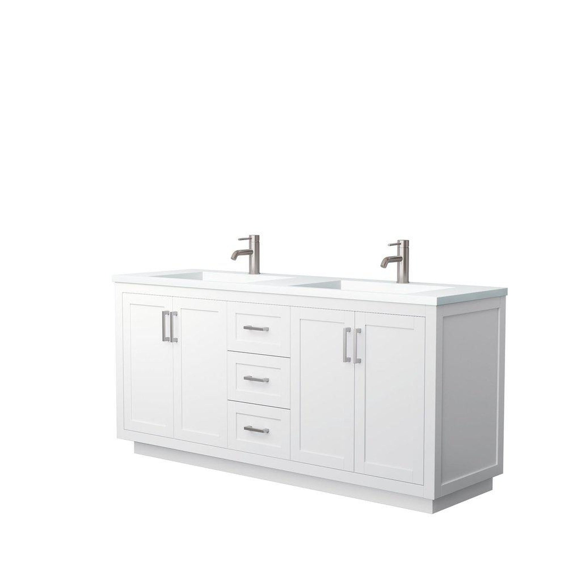 Wyndham Collection Miranda 72" Double Bathroom White Vanity Set With 1.25" Thick Matte White Solid Surface Countertop, Integrated Sink, And Brushed Nickel Trim