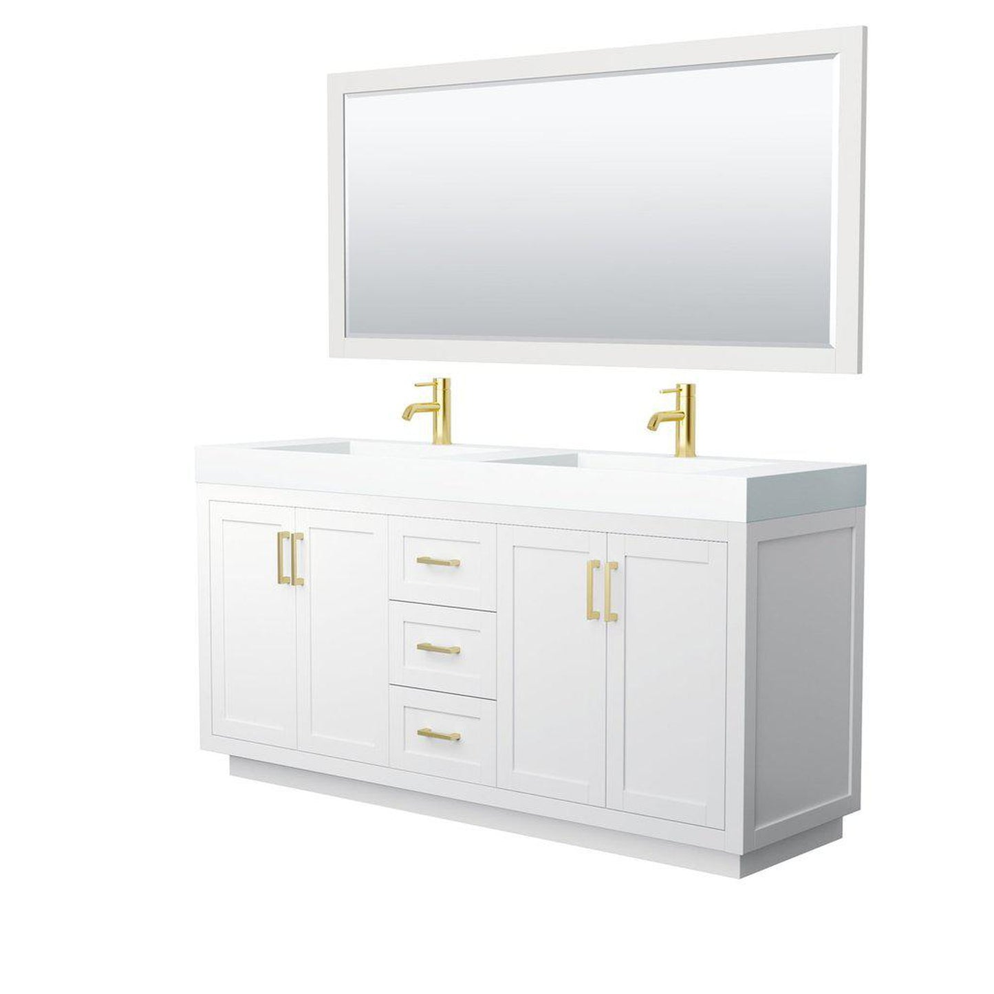 Wyndham Collection Miranda 72" Double Bathroom White Vanity Set With 4" Thick Matte White Solid Surface Countertop, Integrated Sink, 70" Mirror And Brushed Gold Trim