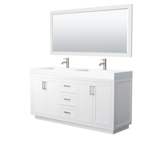 Wyndham Collection Miranda 72" Double Bathroom White Vanity Set With 4" Thick Matte White Solid Surface Countertop, Integrated Sink, 70" Mirror And Brushed Nickel Trim
