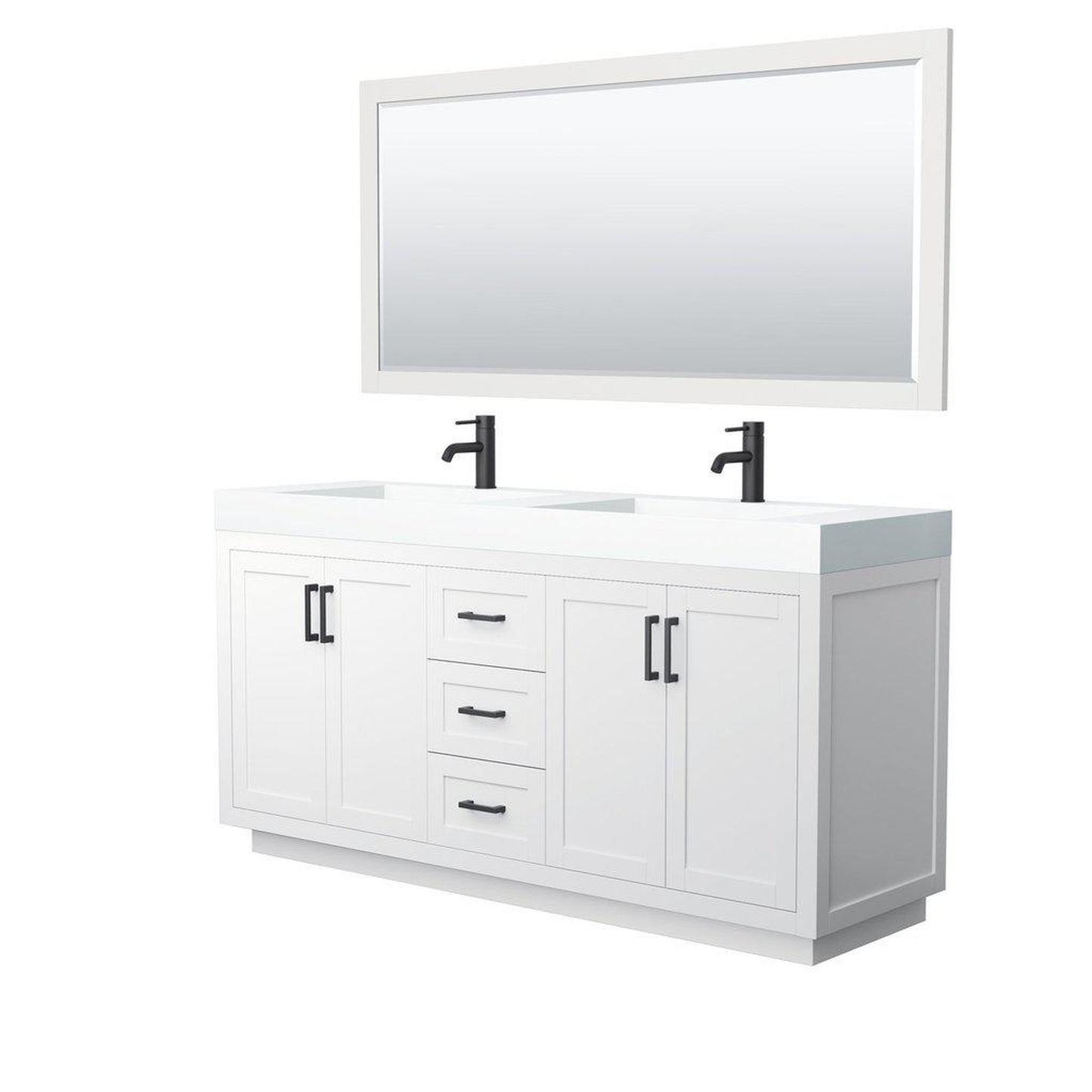 Wyndham Collection Miranda 72" Double Bathroom White Vanity Set With 4" Thick Matte White Solid Surface Countertop, Integrated Sink, 70" Mirror And Matte Black Trim