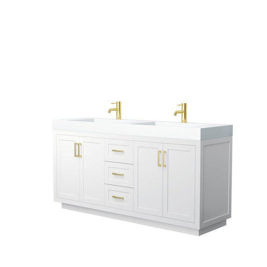 Wyndham Collection Miranda 72" Double Bathroom White Vanity Set With 4" Thick Matte White Solid Surface Countertop, Integrated Sink, And Brushed Gold Trim