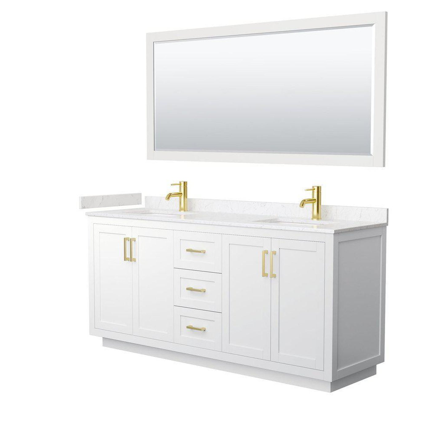 Wyndham Collection Miranda 72" Double Bathroom White Vanity Set With Light-Vein Carrara Cultured Marble Countertop, Undermount Square Sink, 70" Mirror And Brushed Gold Trim