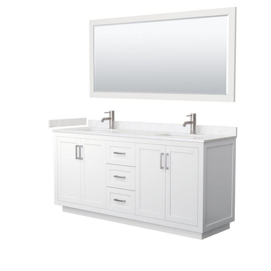 Wyndham Collection Miranda 72" Double Bathroom White Vanity Set With Light-Vein Carrara Cultured Marble Countertop, Undermount Square Sink, 70" Mirror And Brushed Nickel Trim