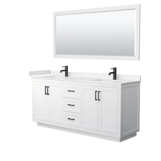 Wyndham Collection Miranda 72" Double Bathroom White Vanity Set With Light-Vein Carrara Cultured Marble Countertop, Undermount Square Sink, 70" Mirror And Matte Black Trim