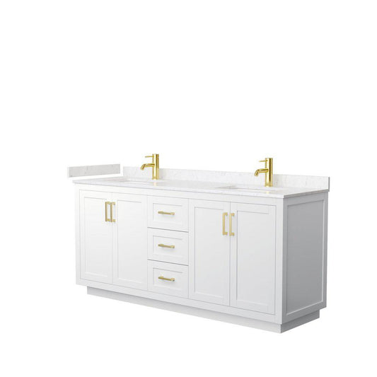 Wyndham Collection Miranda 72" Double Bathroom White Vanity Set With Light-Vein Carrara Cultured Marble Countertop, Undermount Square Sink, And Brushed Gold Trim