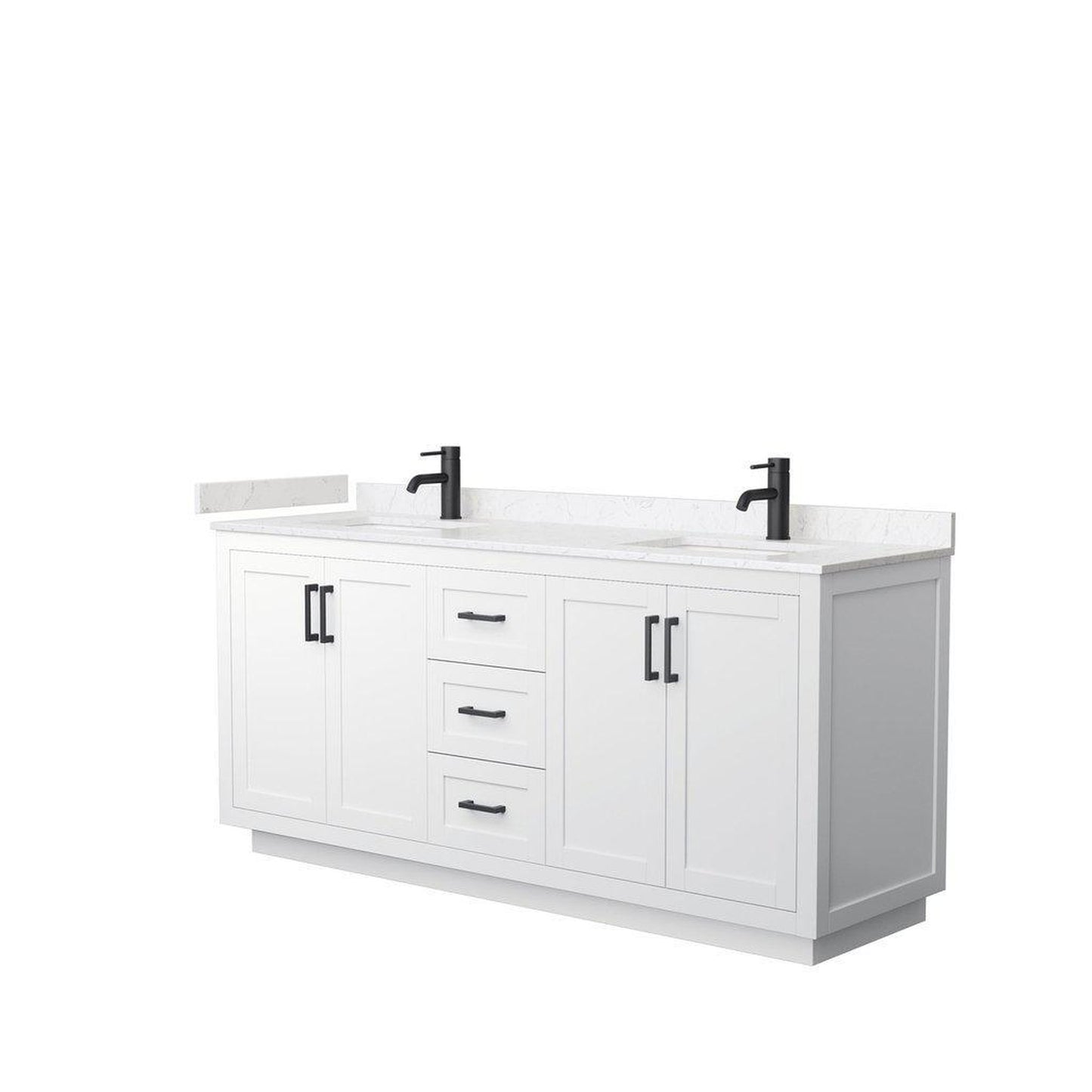 Wyndham Collection Miranda 72" Double Bathroom White Vanity Set With Light-Vein Carrara Cultured Marble Countertop, Undermount Square Sink, And Matte Black Trim