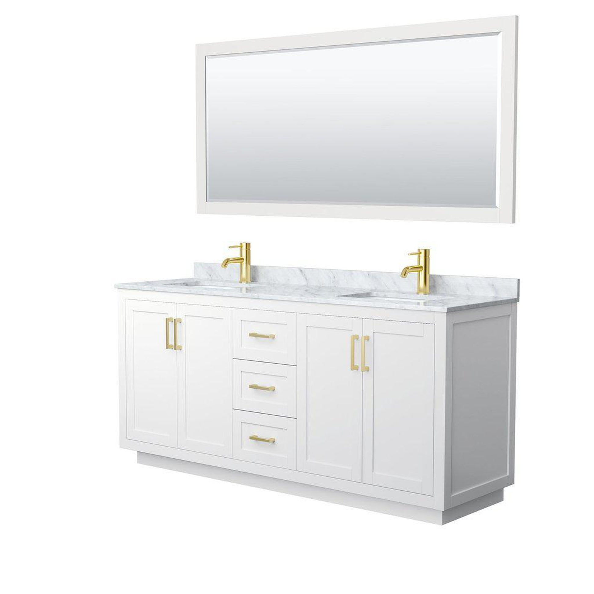 Wyndham Collection Miranda 72" Double Bathroom White Vanity Set With White Carrara Marble Countertop, Undermount Square Sink, 70" Mirror And Brushed Gold Trim