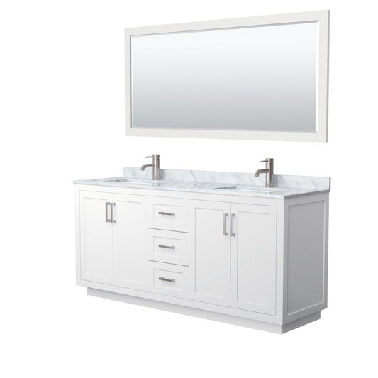 Wyndham Collection Miranda 72" Double Bathroom White Vanity Set With White Carrara Marble Countertop, Undermount Square Sink, 70" Mirror And Brushed Nickel Trim