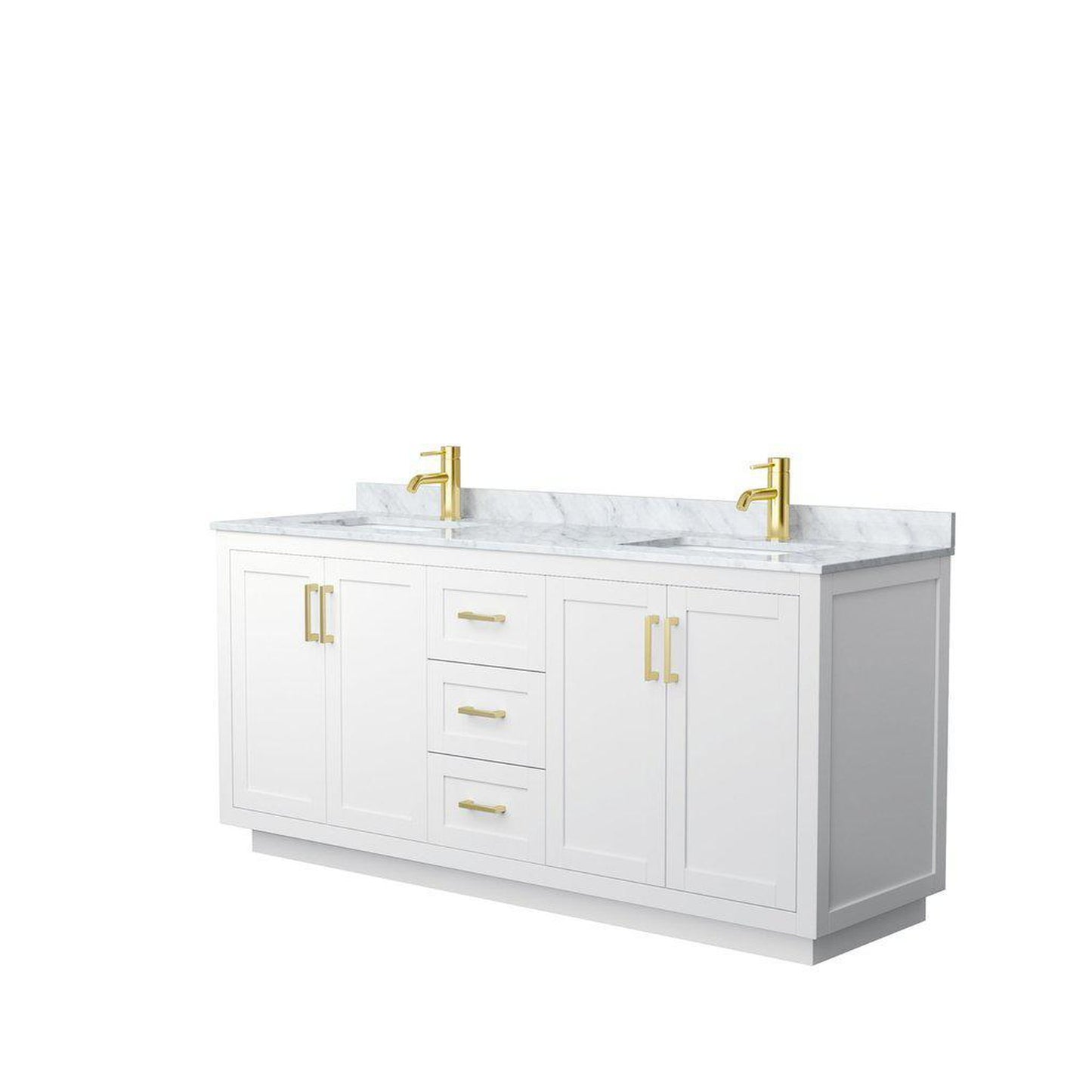 Wyndham Collection Miranda 72" Double Bathroom White Vanity Set With White Carrara Marble Countertop, Undermount Square Sink, And Brushed Gold Trim