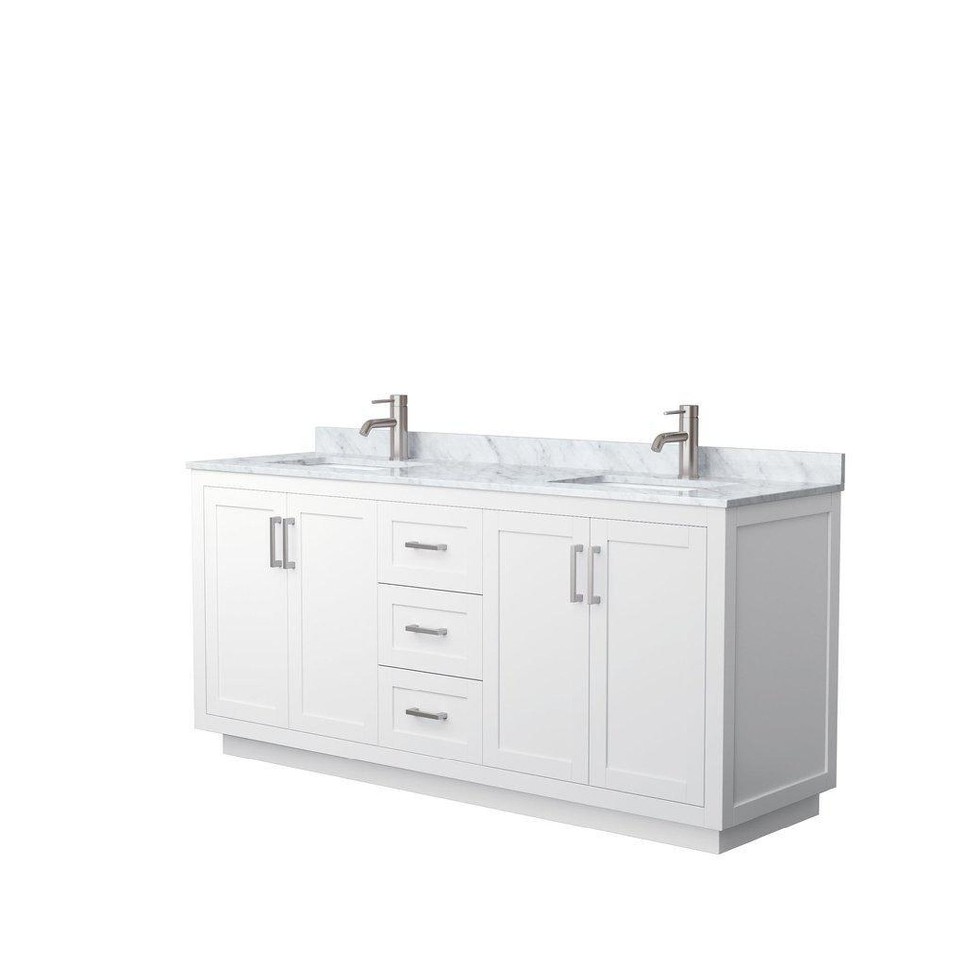 Wyndham Collection Miranda 72" Double Bathroom White Vanity Set With White Carrara Marble Countertop, Undermount Square Sink, And Brushed Nickel Trim