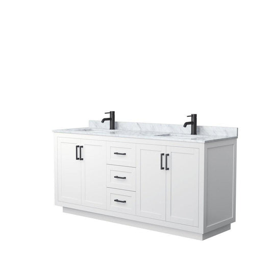 Wyndham Collection Miranda 72" Double Bathroom White Vanity Set With White Carrara Marble Countertop, Undermount Square Sink, And Matte Black Trim