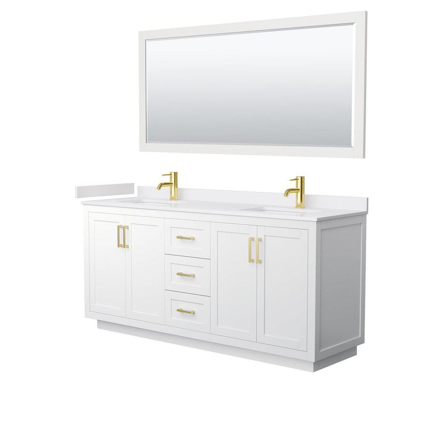 Wyndham Collection Miranda 72" Double Bathroom White Vanity Set With White Cultured Marble Countertop, Undermount Square Sink, 70" Mirror And Brushed Gold Trim