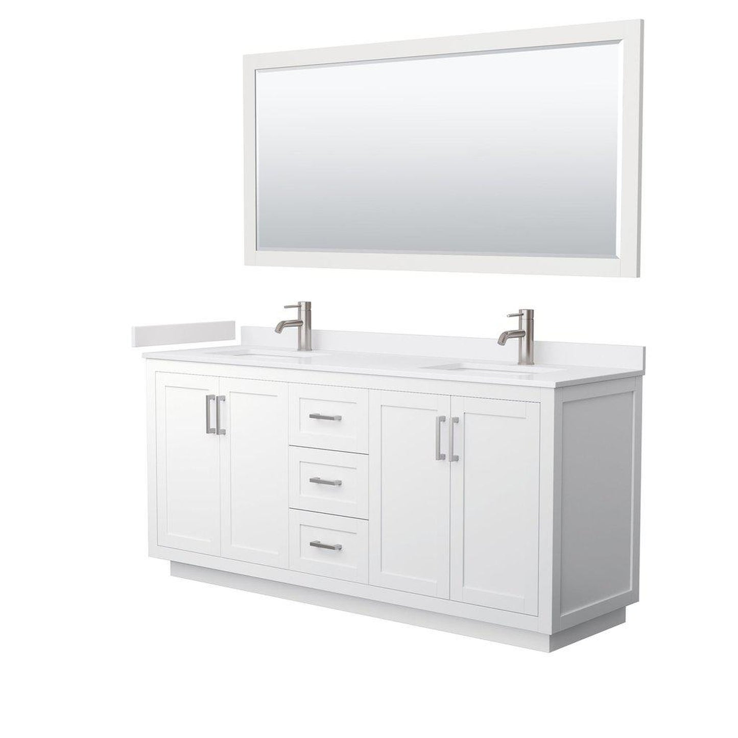Wyndham Collection Miranda 72" Double Bathroom White Vanity Set With White Cultured Marble Countertop, Undermount Square Sink, 70" Mirror And Brushed Nickel Trim
