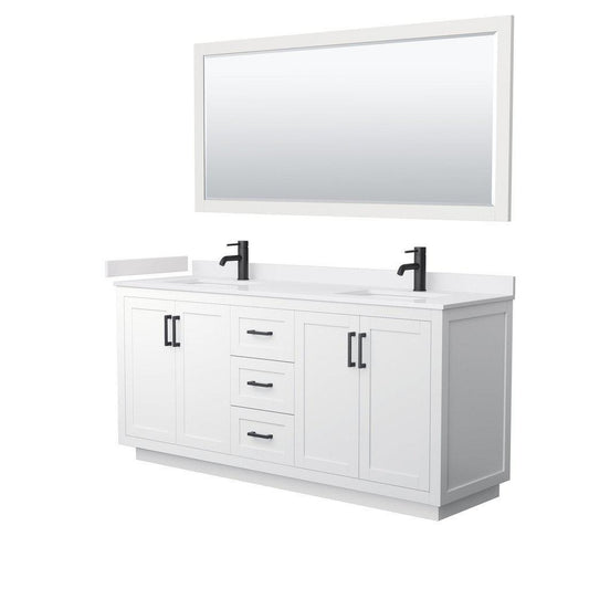 Wyndham Collection Miranda 72" Double Bathroom White Vanity Set With White Cultured Marble Countertop, Undermount Square Sink, 70" Mirror And Matte Black Trim