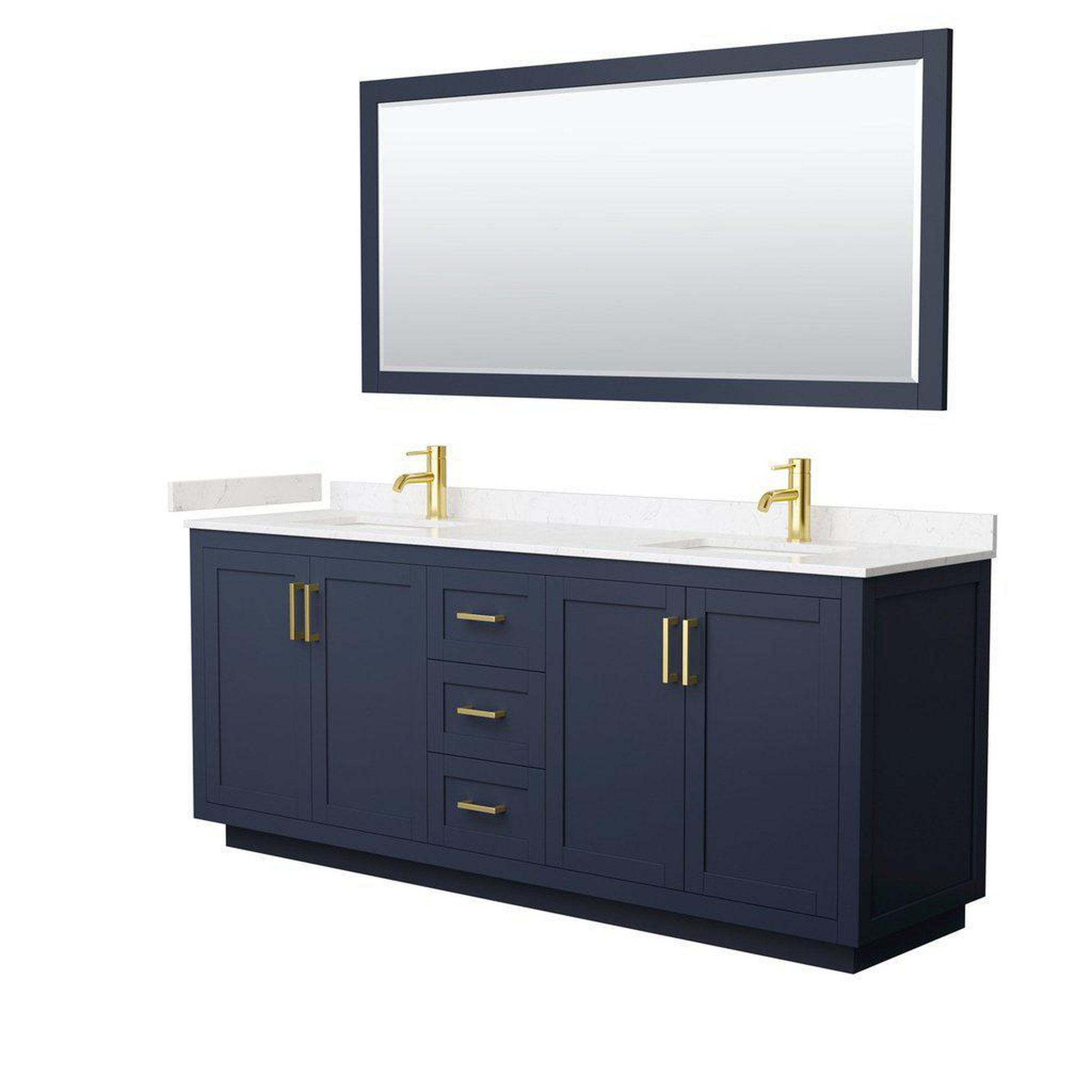 Wyndham Collection Miranda 80" Double Bathroom Dark Blue Vanity Set With Light-Vein Carrara Cultured Marble Countertop, Undermount Square Sink, 70" Mirror And Brushed Gold Trim